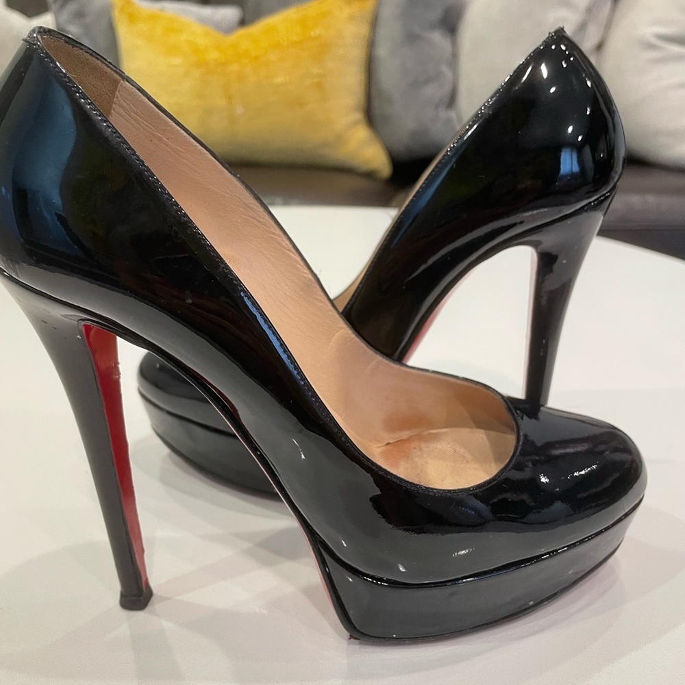 Christian Louboutin, Black Patent Bianca Platform Pumps, Size 39
